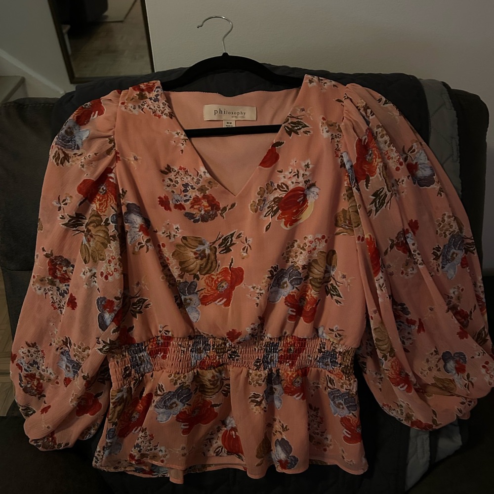 Philosophy - Floral Puff Sleeve Blouse - Pink and Red